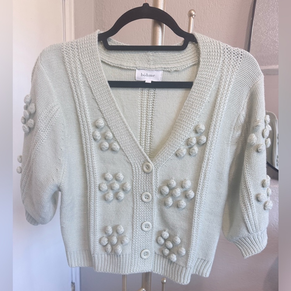 Like New Bohme Cropped Short Sleeve Cardigan Sweater in Light Green - Size Large - Picture 3 of 10
